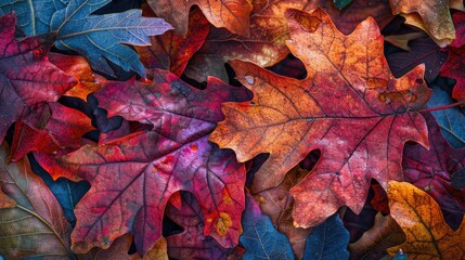 Close up of textured red leaves in autumn foliage with a multicolored background of oak tree leaves showcasing the beauty of the season