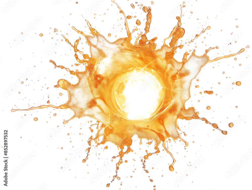 Poster liquid orange splash resembling a glowing energy burst on a white background, capture of dynamic mot