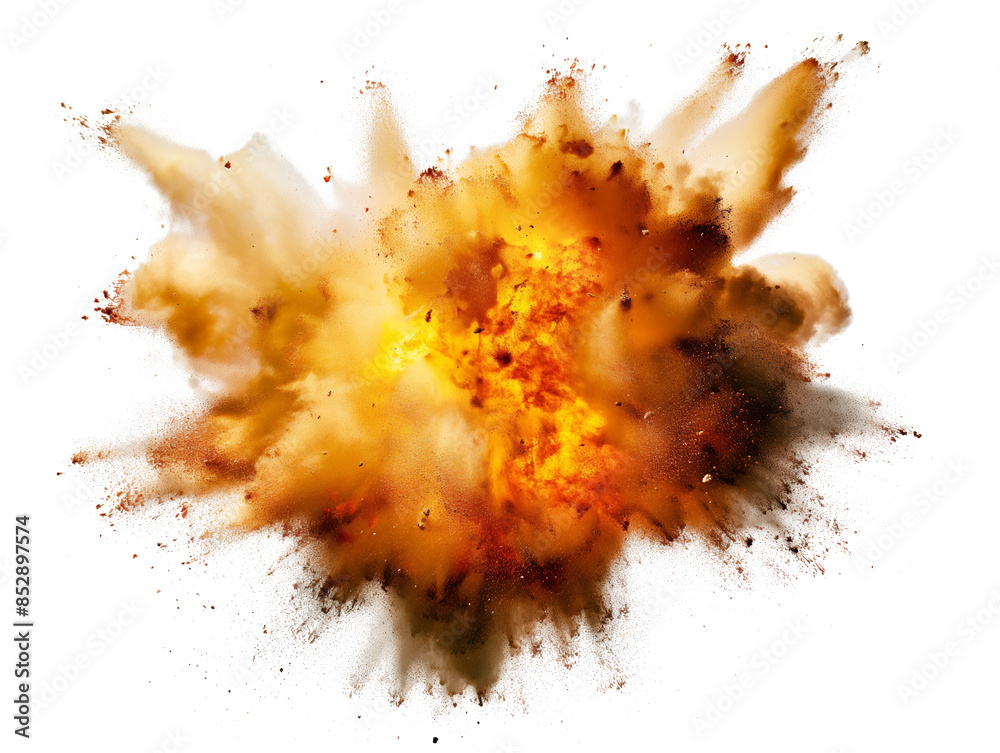 Poster a fiery explosion effect isolated on a white background, with a photographic style, embodying the co