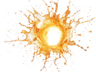 Liquid orange splash resembling a glowing energy burst on a white background, capture of dynamic motion. Generative AI
