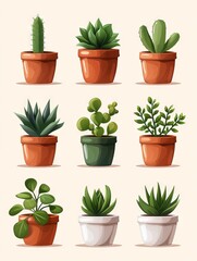 Obraz premium A collection of various potted succulent plants arranged in a grid on a light background. Ideal for home decor and gardening themes.