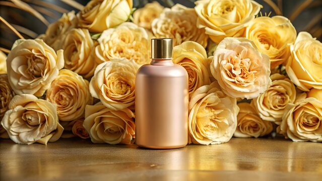 promotional photo of a 150 ml pink bottle, bottle standing on a smooth surface surrounded by few beautiful rose flowers, white background, photorealism, studio shoot, Pinterest-style photo, 8K