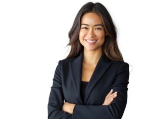 A smiling woman in a black blazer, isolated on a white background, portraying a professional or corporate concept. Generative AI