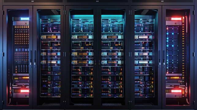 Server racks with integrated power management systems, nextgen data center theme, front view, demonstrating innovative energy distribution, futuristic tone, triadic color scheme