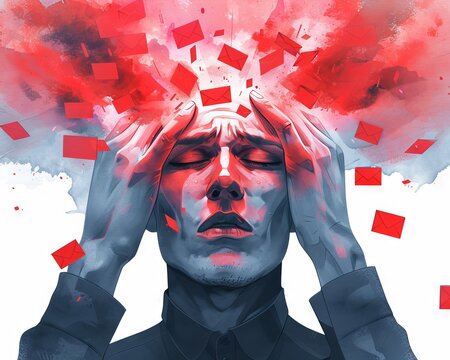 Abstract representation of a stressed individual with hands on head and red geometric shapes symbolizing mental overload and anxiety.