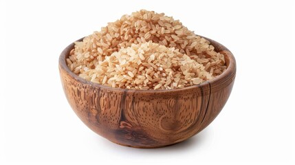 heap of uncooked brown rice grains in wooden bowl isolated on white background healthy whole grain food photography