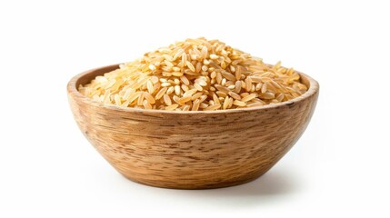 heap of uncooked brown rice in wooden bowl isolated on white food photography