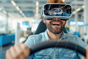 A man is wearing a virtual reality headset and test drive a car before making a decision to buy it. He is smiling and he is enjoying the experience. Generative ai illustration. - Powered by Adobe