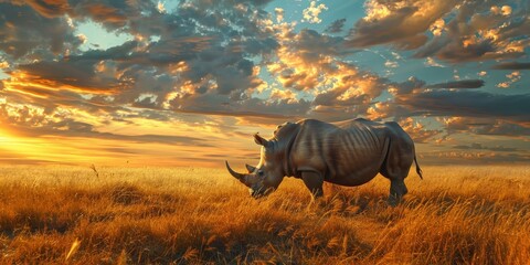 Fototapeta premium Rhino Grazing at Sunset