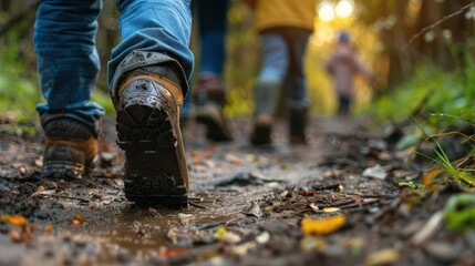 Fototapeta premium hiking family walking single file on dirt path fathers muddy boot closeup candid outdoor photography