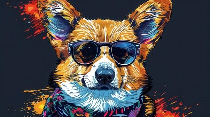 hipster welsh corgi dog wearing sunglasses and bandana gangster style funny pet portrait digital art