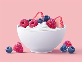 Fresh bowl of yogurt topped with vibrant strawberries, blueberries, and raspberries on a soft pink background, perfect for breakfast or snack.