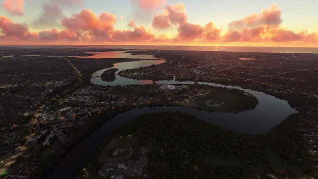 Dusk drone aerial shot Optus Stadium in Burswood - Victoria Park. Australia