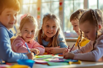 A group of joyful children collaboratively drawing at a table in a sunlit Sunday school classroom, embracing creativity and friendship in a bright, faith-filled learning environment.