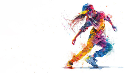 Colorful watercolor painting of female break dancer performance balanced action