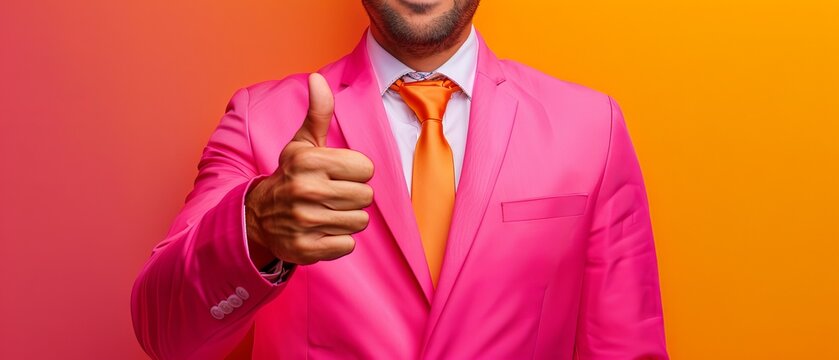 Man in a vibrant pink suit giving a thumbs-up with a positive expression on orange and pink background.