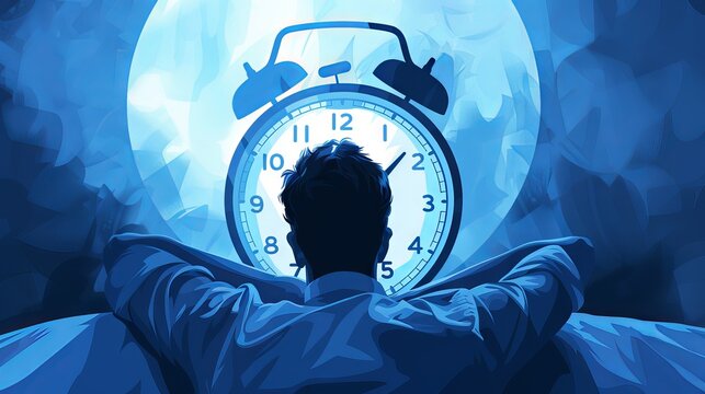 Man sitting on bed facing giant clock, symbolizing time management, sleepless nights, or the stress of meeting deadlines.