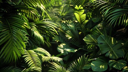 Fototapeta premium Lush green tropical foliage with sunbeams filtering through the leaves.