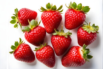 Delicious fresh red strawberries on white background, top view