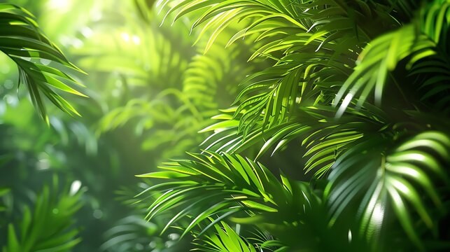 Lush green tropical foliage with sunbeams filtering through the leaves.