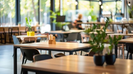interior of modern coworking space with wooden tables and chairs blurred cafe background
