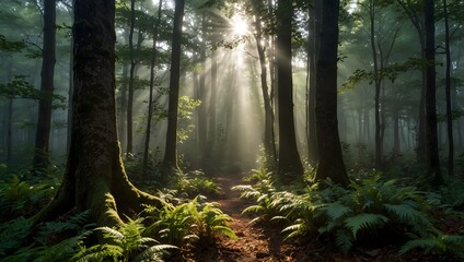 Fototapeta premium The tranquility of a misty forest, where sunlight filters through the canopy, dappling the forest floor ai_generated