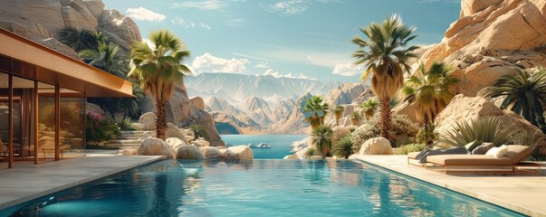 Obraz premium Desert retreat with a pool and palm trees.