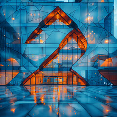 Abstract geometric sculpture in a futuristic glass building, illuminated at night, reflecting city lights and showcasing modern architectural design.