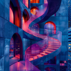 Futuristic architectural marvel with a neon-lit spiral staircase and vibrant cityscape backdrop at night, featuring modern design elements and detailed reflections.