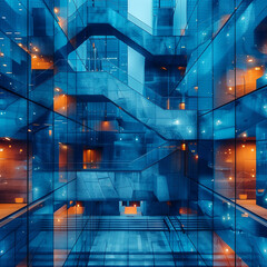 Geometric architectural patterns formed by blue glass walls and orange lights in an office building at night, with staircases leading to different floors and light strips hanging on one wall, captured