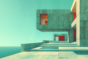 Modern concrete house with flat design and bright colors, featuring red window frames and green walls, under a light blue sky. Hyperrealistic and minimalistic style with wide-angle perspective.