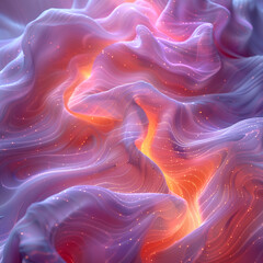 Ethereal 3D render of swirling, glowing waves in shades of purple and pink with orange highlights, softly lit to create a dreamy atmosphere with gentle shadows on textured fabric, adding depth
