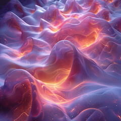 Ethereal 3D render of swirling, glowing waves in shades of purple and pink with orange highlights, softly lit to create a dreamy atmosphere with gentle shadows on textured fabric, adding depth