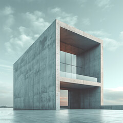 Modern concrete building with glass windows in minimalist architectural style, exterior shot with sky background, showcasing ultra-realistic and high-definition rendering with natural light and cinema