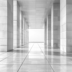 Long white marble corridor with columns and polished stone tile floor, leads to an open area, featuring clean lines and neutral tones, creating a sleek, modern atmosphere ideal for the background