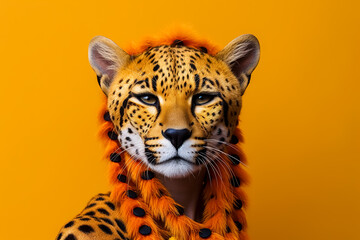 A cheetah wearing a red and orange outfit with a bow on its head.