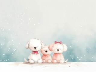 Cute illustration of three puppies sitting together. One with a bow and others with smiles, set against a soft pastel background.