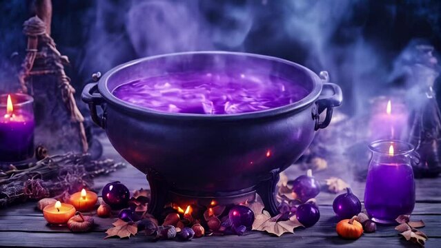 Mystical witch s cauldron with steam rising, surrounded by pumpkins and glowing potions. Concept of witchcraft, Halloween, magic potion, and magical atmosphere. Motion