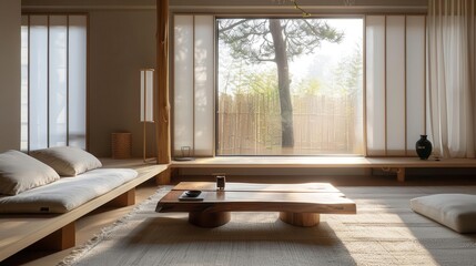 japandi oasis natural wood coffee table in minimalist living room interior design photography