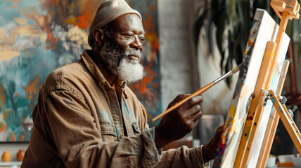 Senior Artist Painting Colorful Canvas Creative Process Studio