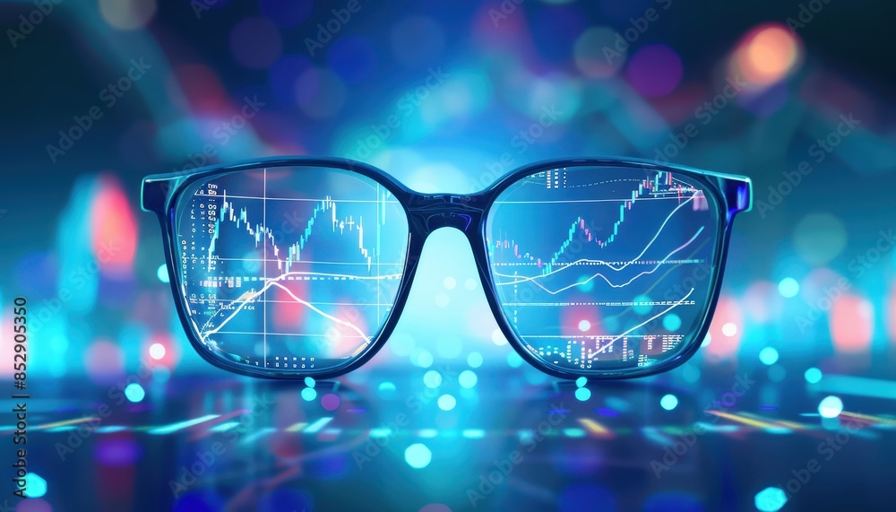 Aufkleber a pair of glasses with glowing stock market graphs and charts reflected on the lenses, symbolizing d
