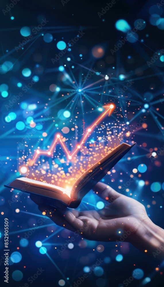 Poster Digital hand holding a book with glowing graph and data, representing technology, innovation, and analytics in a futuristic setting.
