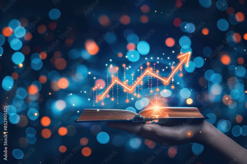 Poster hand holding an open book with a glowing ascending graph, symbolizing growth, knowledge, and success