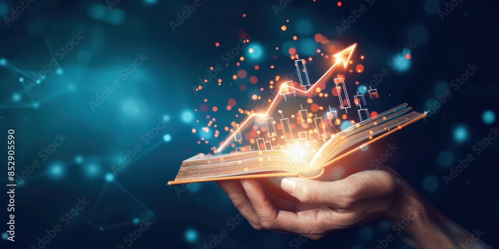 Poster Hand holding an open book with colorful graphs and figures emerging, symbolizing knowledge and growth in business and technology.