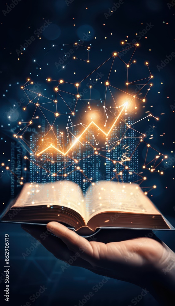 Poster Hand holding open book with glowing digital graph and network, symbolizing data science, innovation, and knowledge in a futuristic setting.