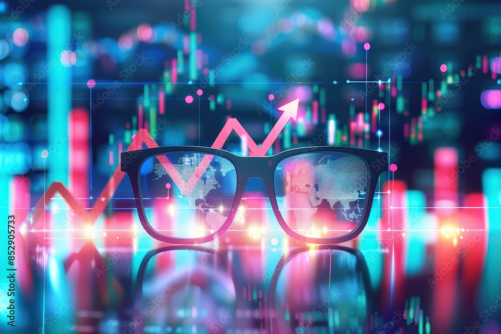 Poster modern glasses reflecting financial charts with glowing neon lights, representing data analysis and 