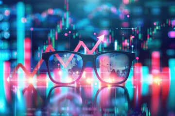 Naklejka premium Modern glasses reflecting financial charts with glowing neon lights, representing data analysis and stock market trends.