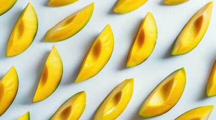 juicy ripe mango slices arranged in pattern tropical fruit photo on white