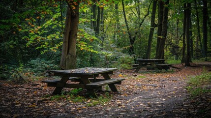 Naklejka premium Benches and a table made of wood in the forest
