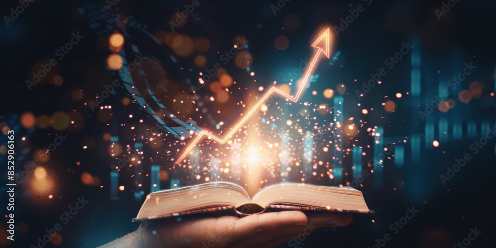 Poster open book with glowing financial growth chart arrow, symbolizing knowledge and business success. abs